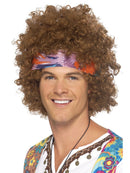 60s Hippie Afro Kit Adult Brown Wig Headband Necklace
