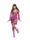 60s Hippie Chick Costume Adult Multi Coloured Dress Headscarf Medallion
