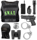 S.W.A.T.  Bulletproof Vest, Mask, Badge, Gun, Handcuffs, Radio, Flashlight, Hand Grenade, Binoculars 