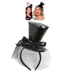 Black  Mini Top Hat On Headband With Bow & Veil