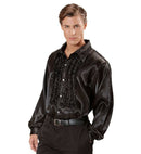 The 70S Disco Fashion  Black Satin Ruffle Shirt 