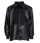 The 70S Disco Fashion  Black Satin Ruffle Shirt 