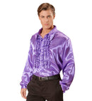 The 70S Disco Fashion  Purple Satin Ruffle Shirt 
