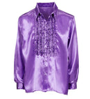 The 70S Disco Fashion  Purple Satin Ruffle Shirt 