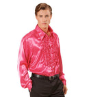 The 70S Disco Fashion  Pink Satin Ruffle Shirt 