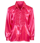 The 70S Disco Fashion  Pink Satin Ruffle Shirt 