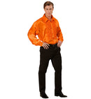 The 70S Disco Fashion  Orange Satin Ruffle Shirt 