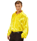 The 70S Disco Fashion  Yellow Satin Ruffle Shirt 