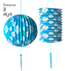 Set Of Blue Paper Ball Ø 25 Cm & Lantern Ø 15 Cm - H 23 Cm Printed With White Flowers