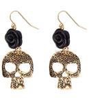 Pair Of Black Rose & Gold Skull Earrings