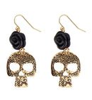 Pair Of Black Rose & Gold Skull Earrings