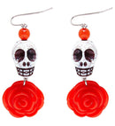 Pair Of White Skull & Red Rose Earrings