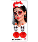 Pair Of White Skull & Red Rose Earrings