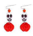 Pair Of White Skull & Red Rose Earrings