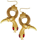 Pair Of Gold Snake Earrings With Red Gem Eyes