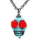 Azure Skull With Red Rose Eyes Necklace