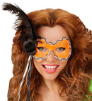 Neon Orange Brazil Eyemask With Holographic Sequin, Rose, Ribbons & Feather