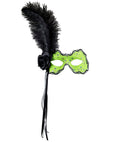 Neon Green Brazil Eyemask With Holographic Sequin, Rose, Ribbons & Feather