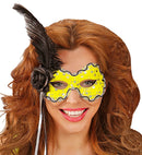 Neon Yellow Brazil Eyemask With Holographic Sequin, Rose, Ribbons & Feather