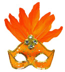 Neon Orange Brazil Eyemask With Holographic Sequin, Gems, Gold Sequin Trim & Feathers