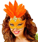 Neon Orange Brazil Eyemask With Holographic Sequin, Gems, Gold Sequin Trim & Feathers