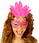 Neon Pink Brazil Eyemask With Holographic Sequin, Gems, Gold Sequin Trim & Feathers