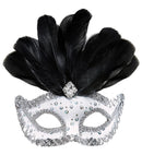 White Rialto Eyemask With Holographic Sequin, Gem, Silver Sequin Trim & Feathers