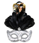 White Rialto Eyemask With Holographic Sequin, Gem, Silver Sequin Trim & Feathers