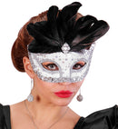 White Rialto Eyemask With Holographic Sequin, Gem, Silver Sequin Trim & Feathers