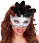 White Rialto Eyemask With Holographic Sequin, Gem, Silver Sequin Trim & Feathers