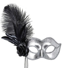 Silver Venice Eyemask With Rose, Beads & Feathers