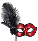Metallic Red Venice Eyemask With Rose, Beads & Feathers