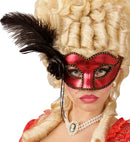 Metallic Red Venice Eyemask With Rose, Beads & Feathers