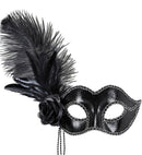 Black Shiny Venice Eyemask With Rose, Beads & Feathers