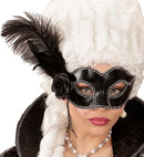 Black Shiny Venice Eyemask With Rose, Beads & Feathers