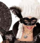 Black Shiny Venice Eyemask With Rose, Beads & Feathers