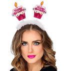 Pink  Happy Birthday Cake Head Bopper With Marabou