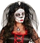 6 Black Roses Headband With Skull & Veil