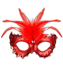 Metallic Red Baroness Eyemask With Gem, Beads & Sequin Trim & Feathers
