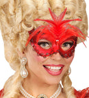 Metallic Red Baroness Eyemask With Gem, Beads & Sequin Trim & Feathers