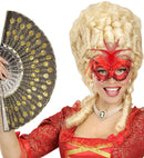 Metallic Red Baroness Eyemask With Gem, Beads & Sequin Trim & Feathers