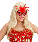 Metallic Red Baroness Eyemask With Gem, Beads & Sequin Trim & Feathers
