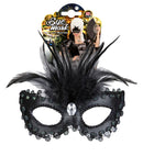 Shiny Black Eyemask With Gem, Beads & Sequin Trim & Feathers