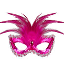 Metallic Pink Baroness Eyemask With Gem, Beads & Sequin Trim & Feathers