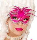 Metallic Pink Baroness Eyemask With Gem, Beads & Sequin Trim & Feathers