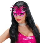 Metallic Pink Baroness Eyemask With Gem, Beads & Sequin Trim & Feathers