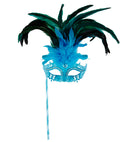 Azure Marquise Eyemask On A Stickdecorated With Strass, Gem & Feathers