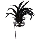 Black Marquise Eyemask On A Stickdecorated With Strass, Gem & Feathers