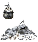 Halloween Decorative Set  Cauldron, 3 Skulls, Spiderweb & Spider, Chain And Freaky Fabric 
