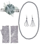 Roaring 20S Flapper  Sequin Headband With Flower, Pair Of Beaded Earrings, Beaded Necklace, Pair Of Fingerless Lace Gloves 